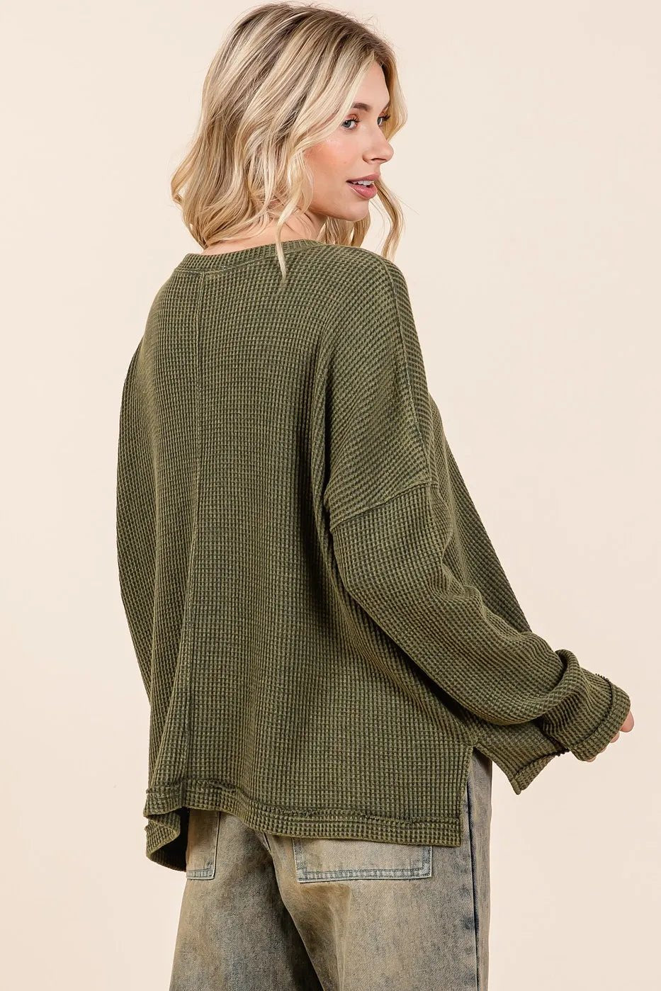 Mittoshop Mineral Wash Cutout Pocket Long Sleeve Waffle Top - Bela Fils BoutiqueBela Fils Boutique